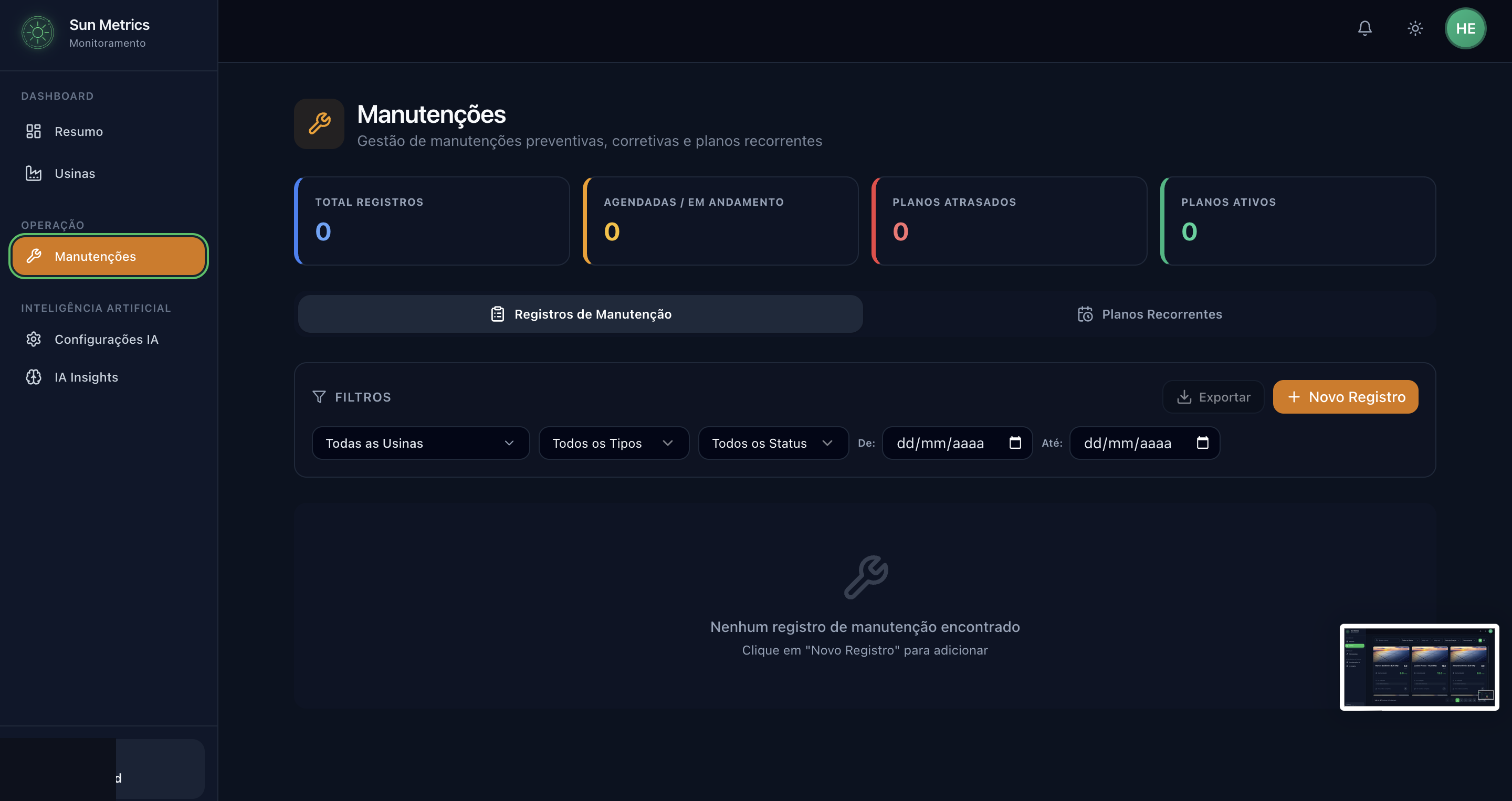 Gestão de manutenções Sun Metrics
