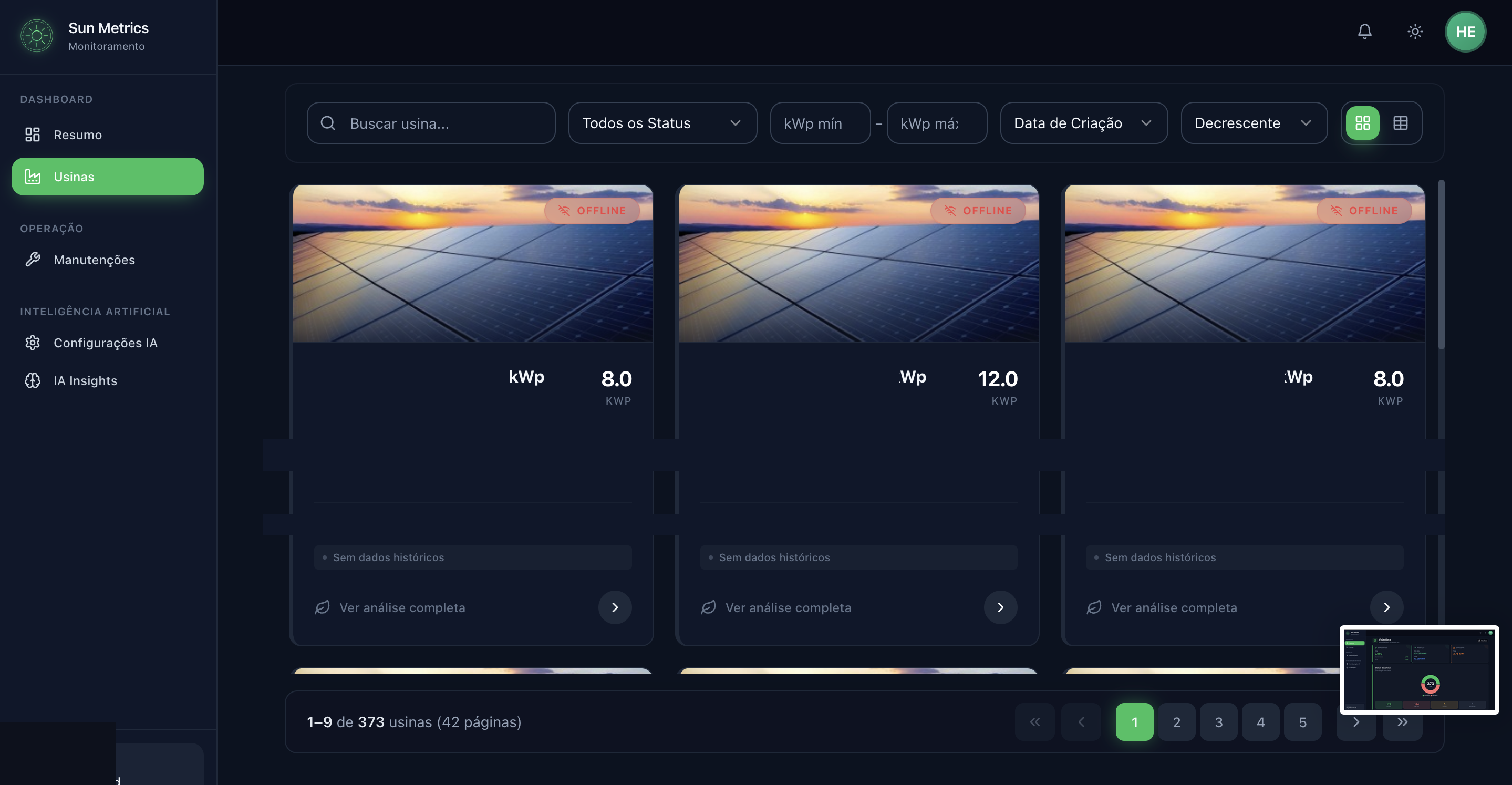 Listagem de usinas solares